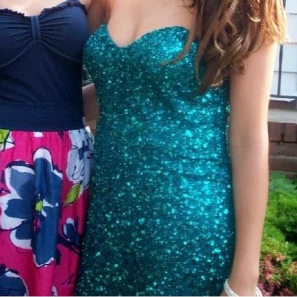 Teal sequined Prom Mini dress - Picture 5 of 6
